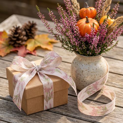 Stoffband Geschenkband Heidekraut-Motiv Polyester 25mm x 20m Rosa-Grün-Creme | Floristik24.at