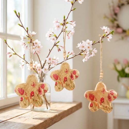 Holzanhänger Blume mit Schmetterling Natur-Pink 9 cm 4 Stück | Floristik24.at