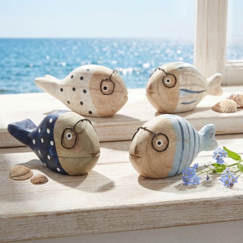 Deko Fische mit Brille aus Holz, Natur Weiß Blau, 11–13 cm, 4 Stück | Floristik24.at