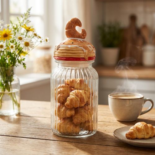 Bonboniere aus Glas mit Deckel Keramik Croissant-Motiv Ø11cm H28,5cm | Floristik24.at