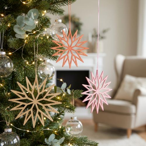 Artikel Schneeflocken Holzanhänger 10cm Orange Rosa Natur 12 Stück Weihnachtsdeko