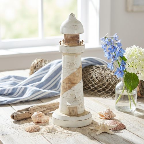 Artikel Leuchtturm aus Holz in Natur und Weiß, Maritime Deko Ø10,5 cm H28,5 cm