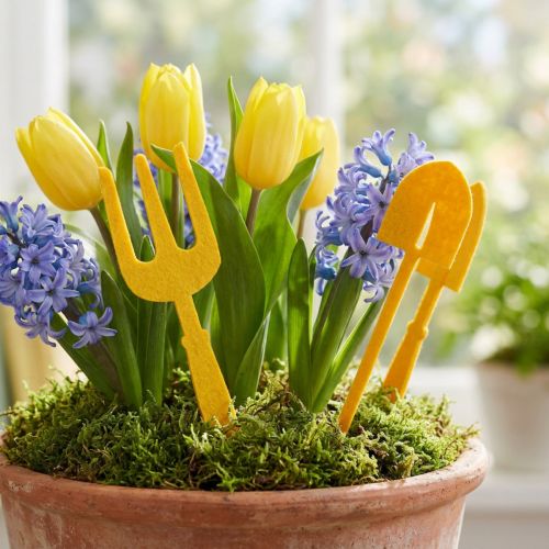 Filz Gartenwerkzeug Gelb 20cm, Schaufel und Harke, 6-teiliges Set | Floristik24.at
