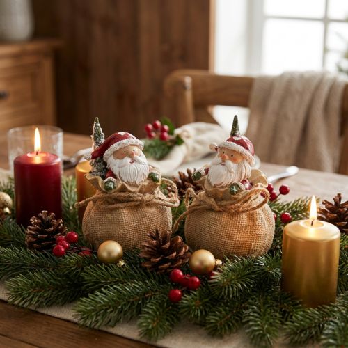 Dekofigur Weihnachtsmann im Sack, Polyresin und Jute, Ø 8,5 cm, H 13 cm, 2 Stück | Floristik24.at