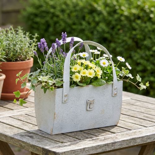 Metalltasche aus verzinktem Metall mit Henkel, 28 cm, Vintage-Grau, für Innen- und Außenbereich | Floristik24.at