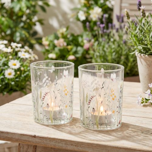 Deko Windlicht Glas Schmetterlingswiese 18 cm Weiß Beige 2er Set | Floristik24.at