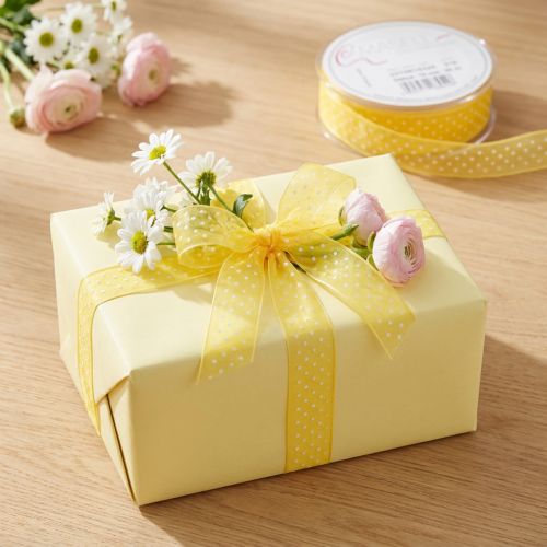 Artikel Geschenkband Polyester Gelb mit weißen Punkten 1,5 cm x 20 m Dekoband