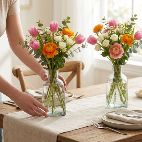 Artikel Glasvase Flaschenvase Transparent mit Beerenzweigmuster H19 cm 2er Set