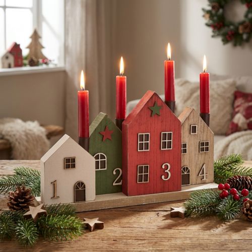 Adventskerzenhalter Holz Häuser 35cm Rot Grün | Floristik24.at