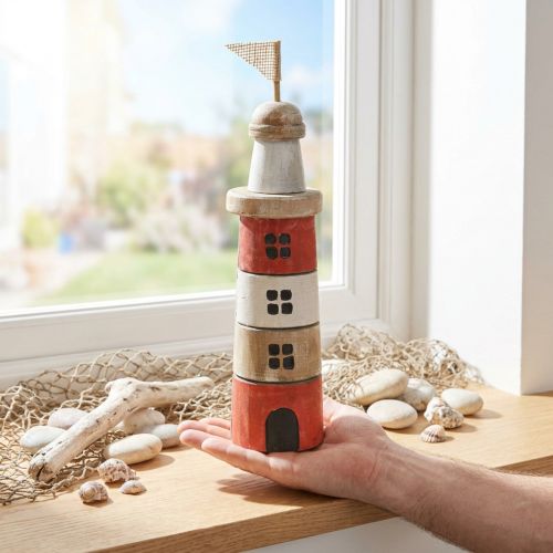 Leuchtturm aus Holz in Rot-Weiß, 30,5 cm hoch, maritime Dekoration | Floristik24.at