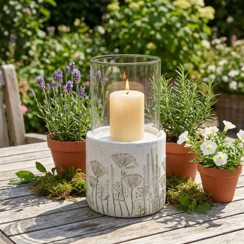 Windlicht aus Glas mit Sockel, Ø 17 cm, H 32 cm, Weiß mit Blumenmotiv | Floristik24.at