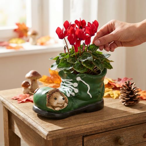 Keramik Übertopf Schuh mit Igel, 23x14x13cm, Grün | Floristik24.at