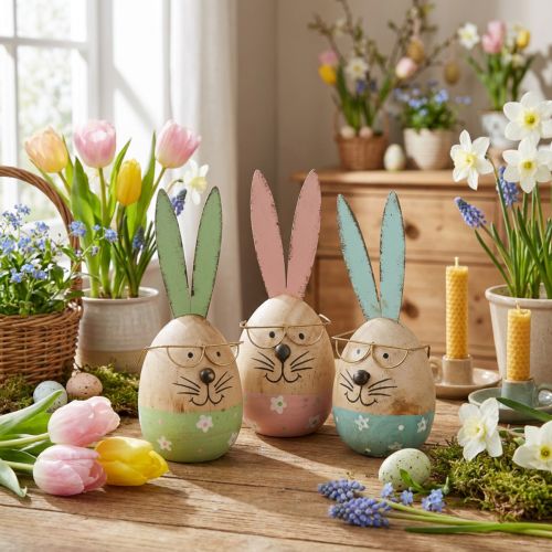 Holz Osterhasen-Figuren mit Metallohren und Brille Ø5cm H13,5cm 3 Stück, Pastellfarben | Floristik24.at