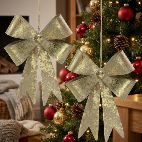 Weihnachtsschleifen aus Metall mit Jutekordel, Gold, Antik-Optik, 18 × 12,5 cm, 2er-Set | Floristik24.at