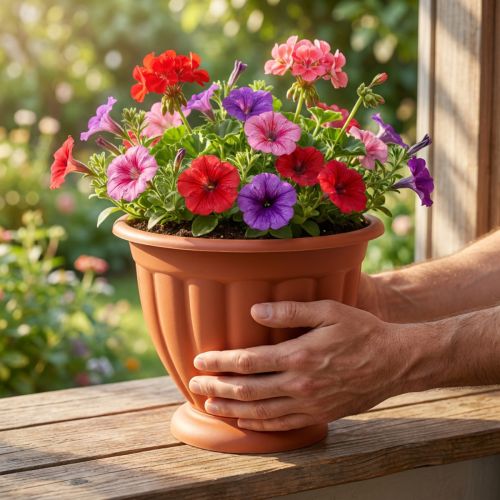 Artikel Blumentopf mit Fuß aus Kunststoff Ø21cm H18cm Terrakotta-Optik