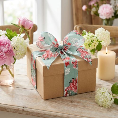 Geschenkband Stoffband Blumenmuster Türkis Rot Weiß 40mm x 15m Polyester | Floristik24.at
