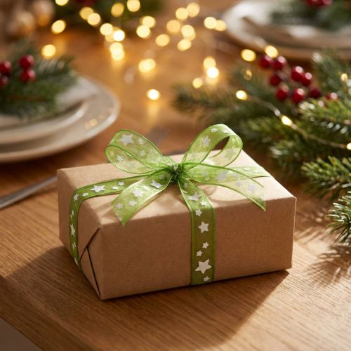 Artikel Organzaband Grün mit Sternmotiv 10mm x 20m für Weihnachtsdekoration