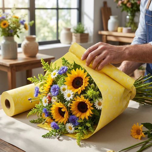 Manschettenpapier Gelb Weiß 25cm x 100m Seidenpapier mit Sommermotiv | Floristik24.at