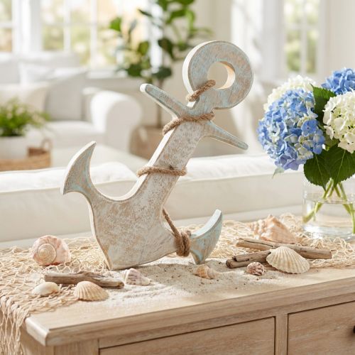 Anker Deko Holz 24,5x14,5cm Blau Weiß mit Jutekordel im maritimen Stil | Floristik24.at