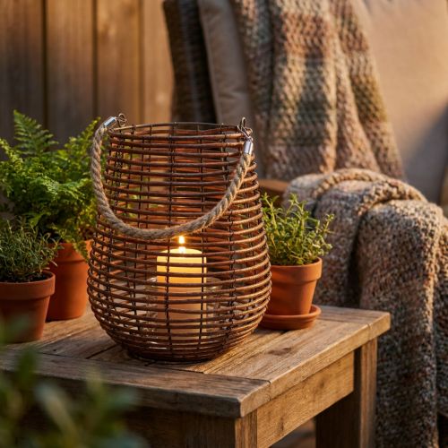 Artikel Windlicht mit Henkel Weidenholz Ø24cm H34cm Braun