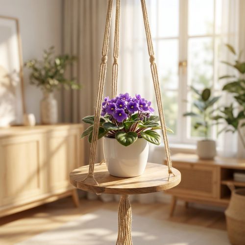 Pflanzenschaukel aus Holz mit Jutekordel, Makramee, Ø34cm, L84cm, natur | Floristik24.at