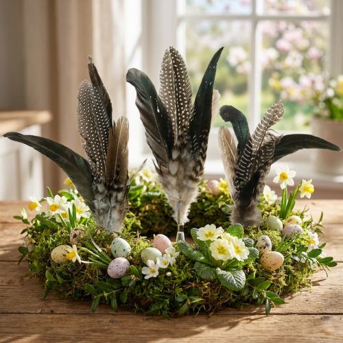 Vogelfeder-Bouquet auf Metallfeder mit Klebepunkt 25 cm Naturfarben 5 Stück | Floristik24.at