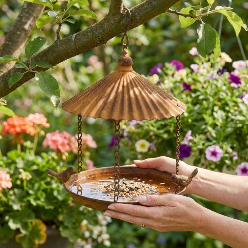 Hängende Metall-Vogeltränke mit zwei Zier-Vögeln, Ø23cm, H27,5cm, Rostoptik, für Garten oder Terrasse | Floristik24.at