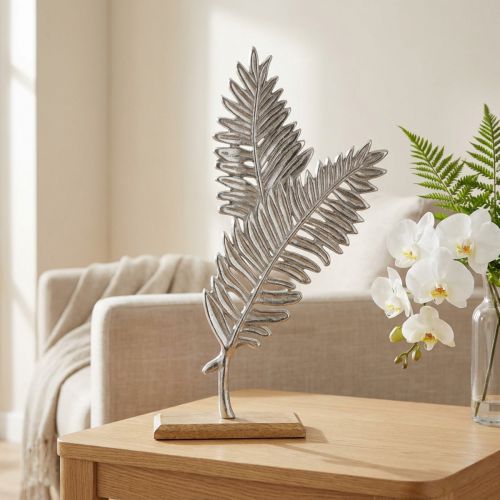 Tischdekoration Dekofarn Silber Metall mit Holzfuß H54cm B37cm | Floristik24.at