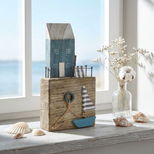 Maritime Holzdeko Hafenpromenade aus Holz und Metall H25,5cm in Blau und Natur | Floristik24.at