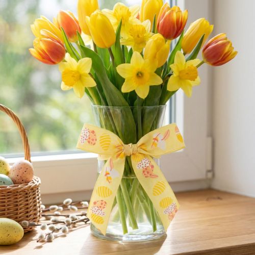 Artikel Geschenkband Polyester Dekoband Ostern 40mm x 20m Gelb mit Ostereier-Motiv
