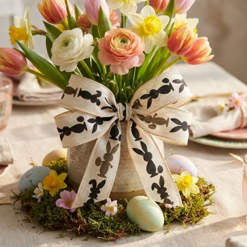 Geschenkband mit Draht 25mm x 18m Creme Braun Schwarz Osterhasen Baumwolle Polyamid | Floristik24.at