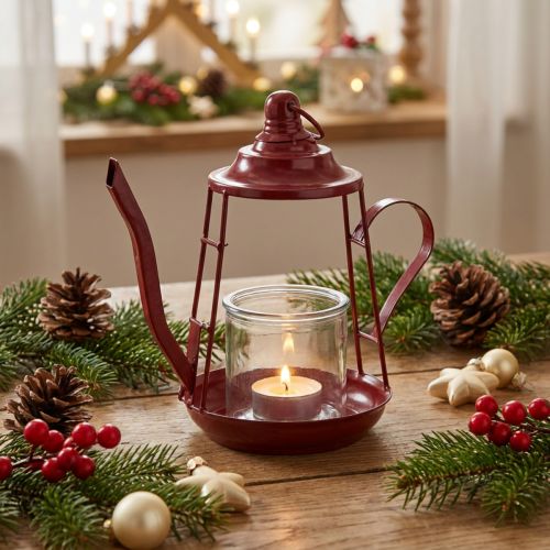 Teelichthalter Metall Glas Teekanne Rot H22 cm | Floristik24.at