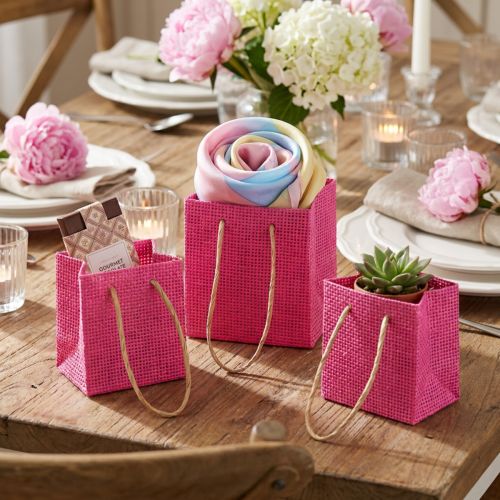 Artikel Geschenktüten Papier quadratisch 10,5cm mit Henkeln in Pink Gelb Grün 12 Stück