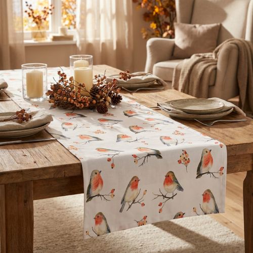Tischläufer Baumwolle Herbst Motiv Rotkehlchen 40x150cm Weiß | Floristik24.at