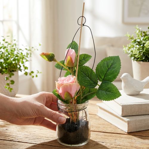Rose im Glas Rosa H23 cm mit Metallhaken, Kunststoff und Glas | Floristik24.at