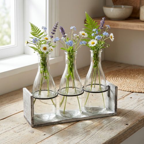 Artikel Flaschenset aus Glas mit Holzträger, Grau-Weiß, 24x8x20 cm, Dekoration