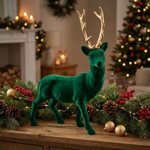 Dekofigur Hirsch stehend aus Kunststoff 40 cm Grün mit goldenem Geweih | Floristik24.at