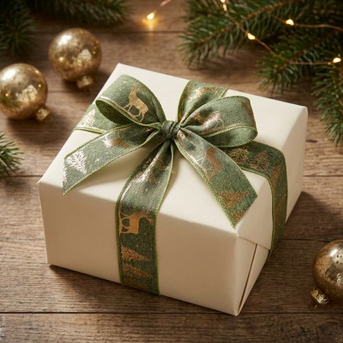 Geschenkband Polyester Weihnachtsband 25mm Grün Gold mit Hirschen und Tannen 15m | Floristik24.at