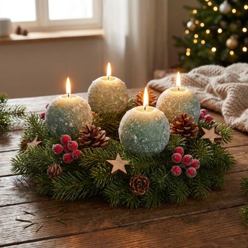 Set mit 4 grünen Kugelkerzen Ø 8 cm im Schneeball-Design für Weihnachtsdekoration | Floristik24.at