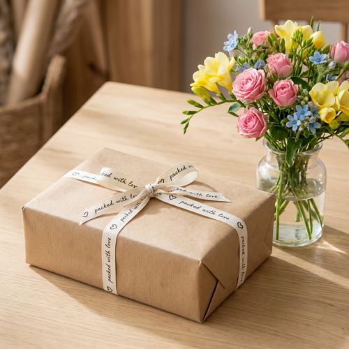 Artikel Geschenkband Baumwollband mit Herzen Motiv Creme 15mm x 20m