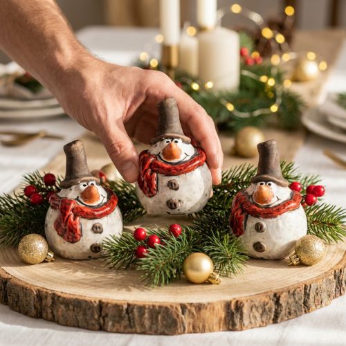 Artikel Keramik Schneemann Figuren, 6er Set, 6,9 cm, Weiß mit rotem Schal und schwarzem Zylinder, Winterdeko