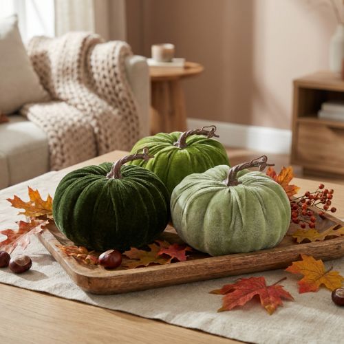 Artikel Deko Kürbisse aus Kunststoff mit samtiger Oberfläche Ø18cm Dunkelgrün Hellgrün Grün 3er-Set