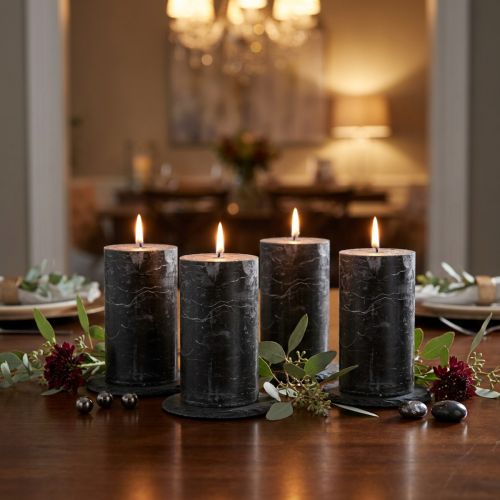 Artikel Schwarze Stumpenkerzen aus Wachs 70×120mm im 4er-Set mit rustikaler Oberfläche