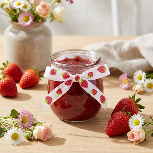 Dekoband Stoffband Erdbeermotiv 15mm x 20m Weiß Rot für Frühling und Sommer | Floristik24.at