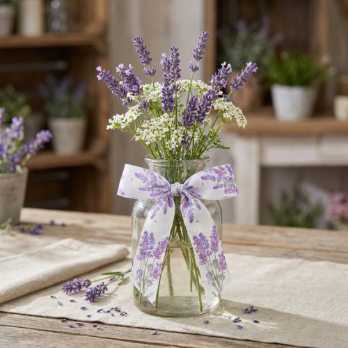 Artikel Seidenband 40mm x 15m mit Lavendel-Motiv für Dekoration