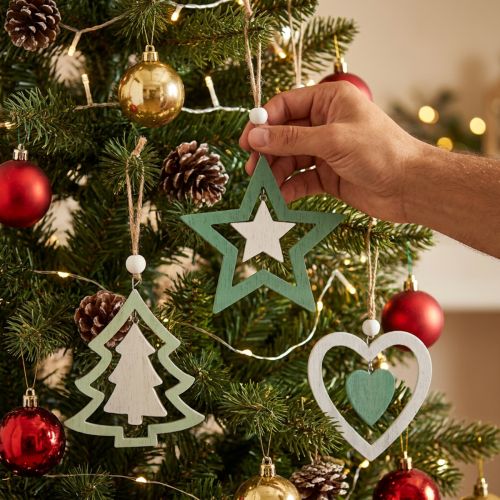 Christbaumschmuck Set Holz Grün Weiß 10cm 9-teilig | Floristik24.at