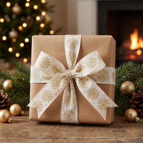 Artikel Weihnachtsband Geschenkband Stoffband Schneeflocken Weiß Gold 25mm 20m