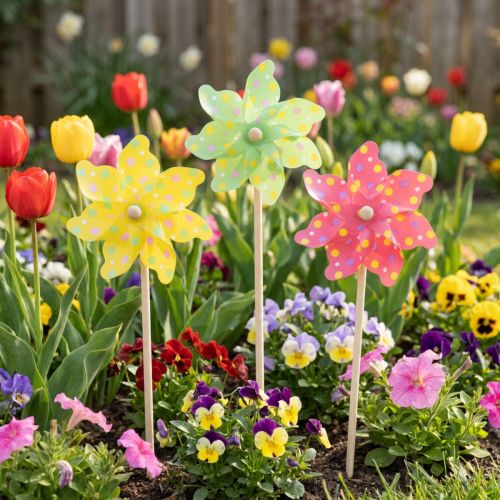 Artikel Garten-Windrad-Set aus Kunststoff mit Holzstab, 47 cm, gepunktet, 3 Stück