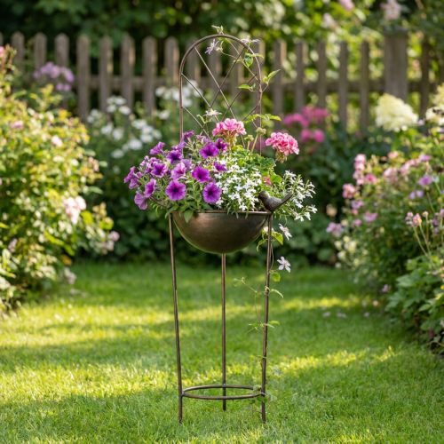 Deko-Vogelbad aus Metall mit Blumenschale und Rankhilfe, 75cm, Bronze-Optik | Floristik24.at