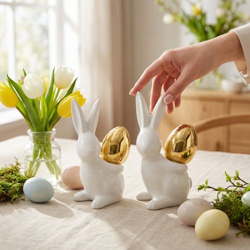 Keramikhasen mit Goldei 13 cm Weiß und Gold 2er Set für Ostern | Floristik24.at